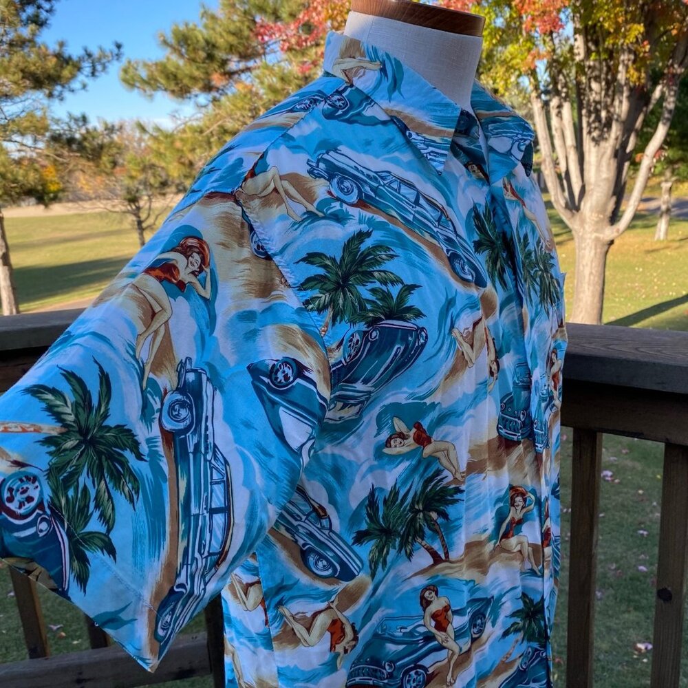 Marc Edwards Men’s Hawaiian Camp Shirt size XL Cars Convertible Pin Up Girl - Picture 14 of 14